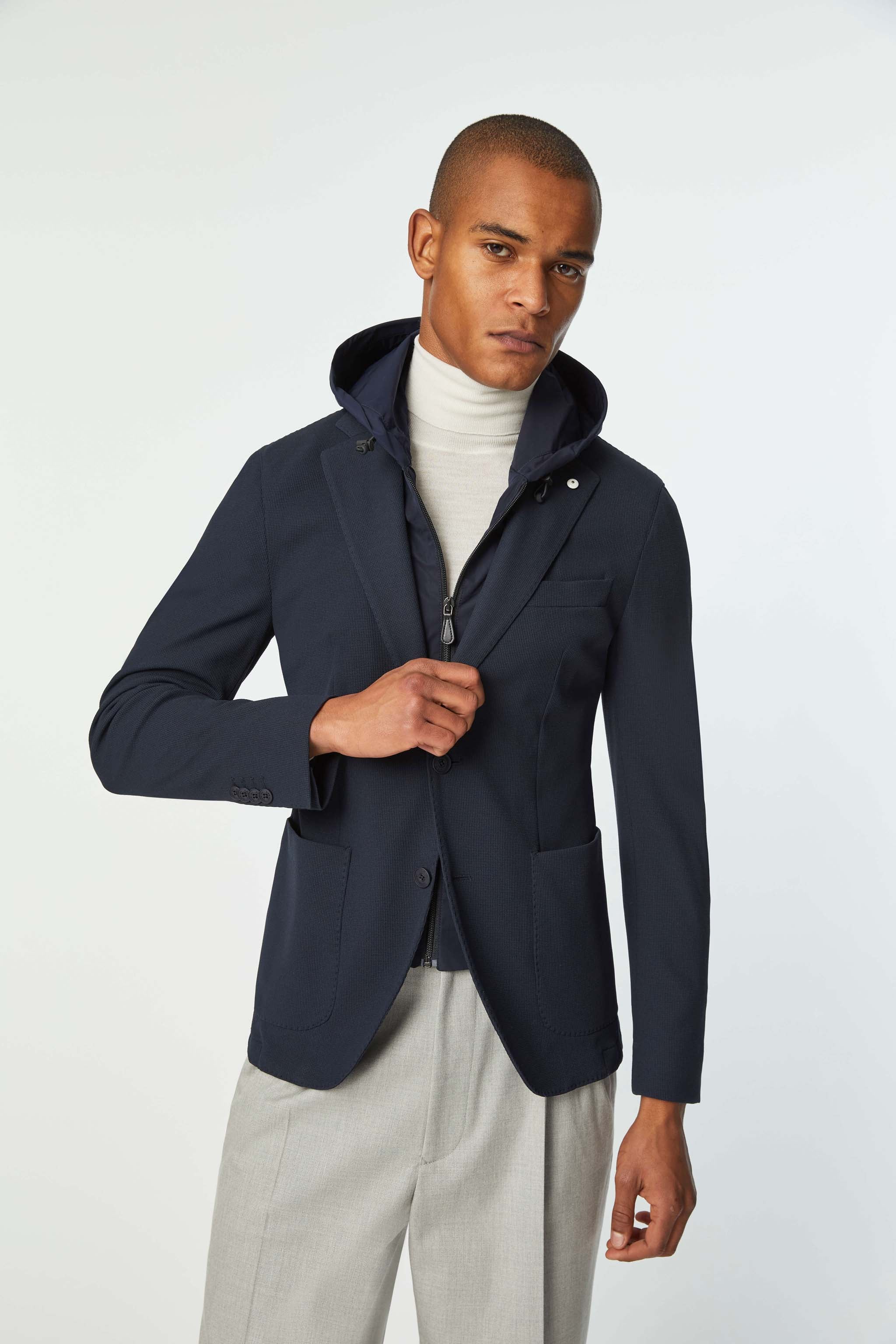 Hooded travel jacket in blue