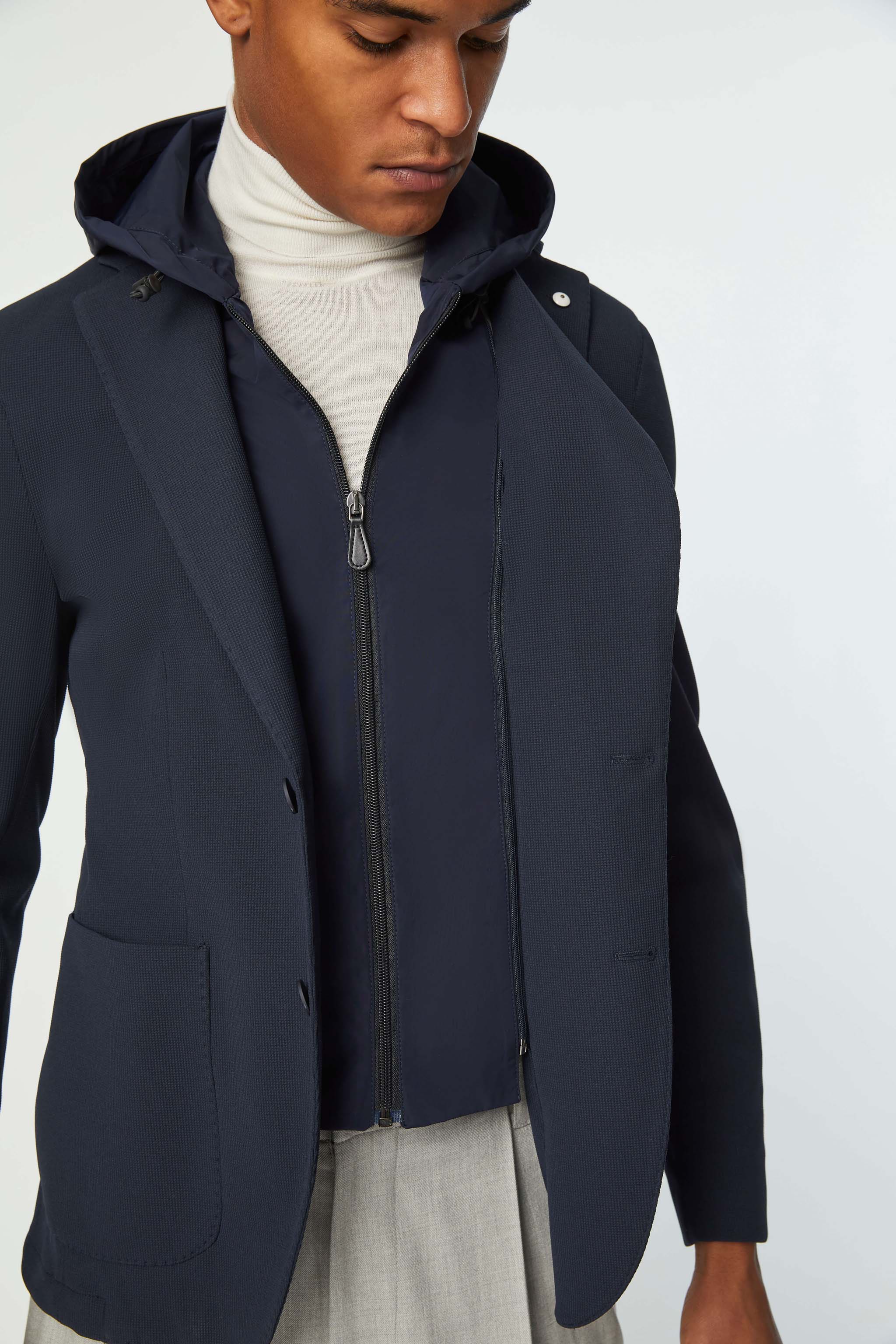 Travel jacket con cappuccio blu