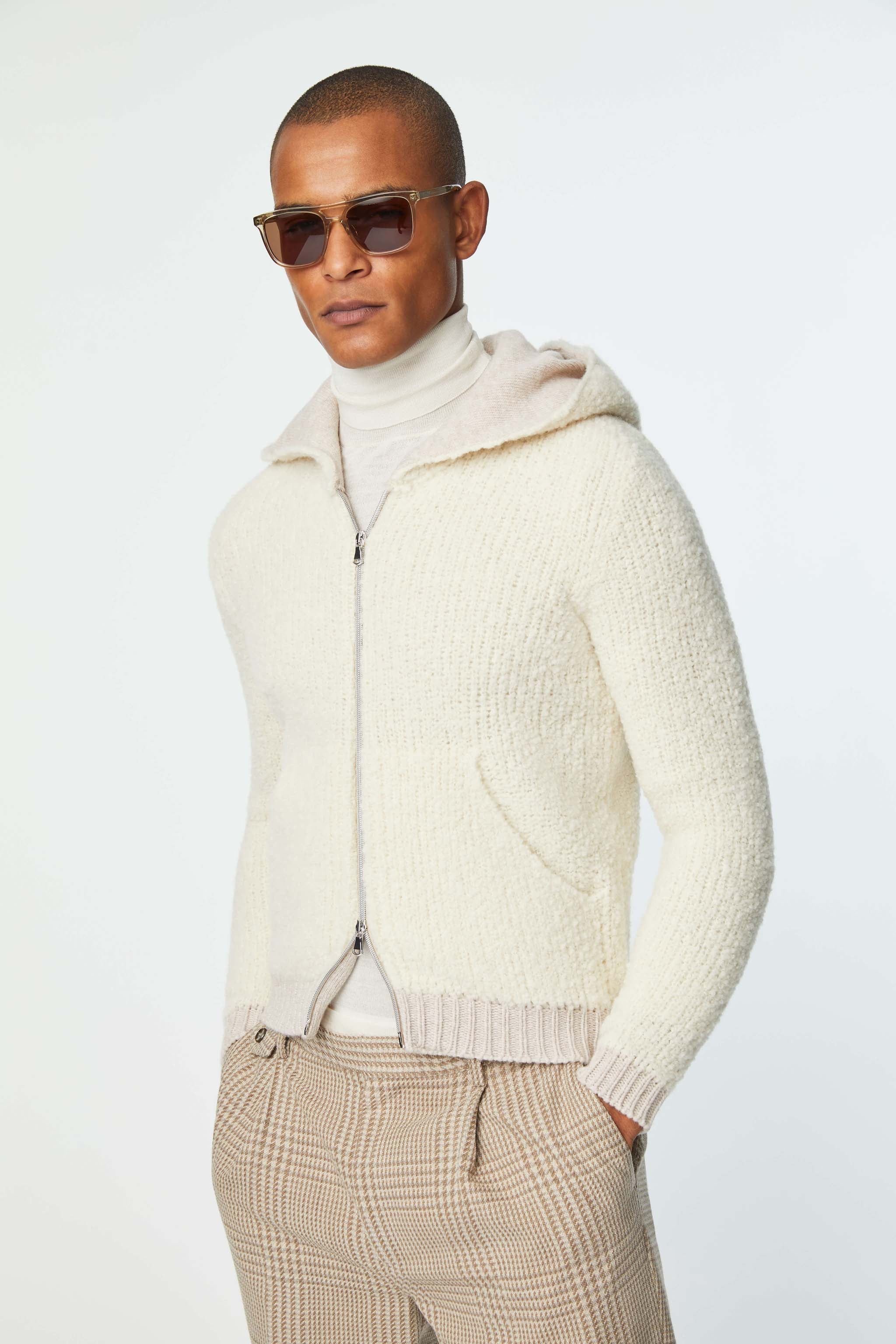 Full-zip knit hoodie off-white