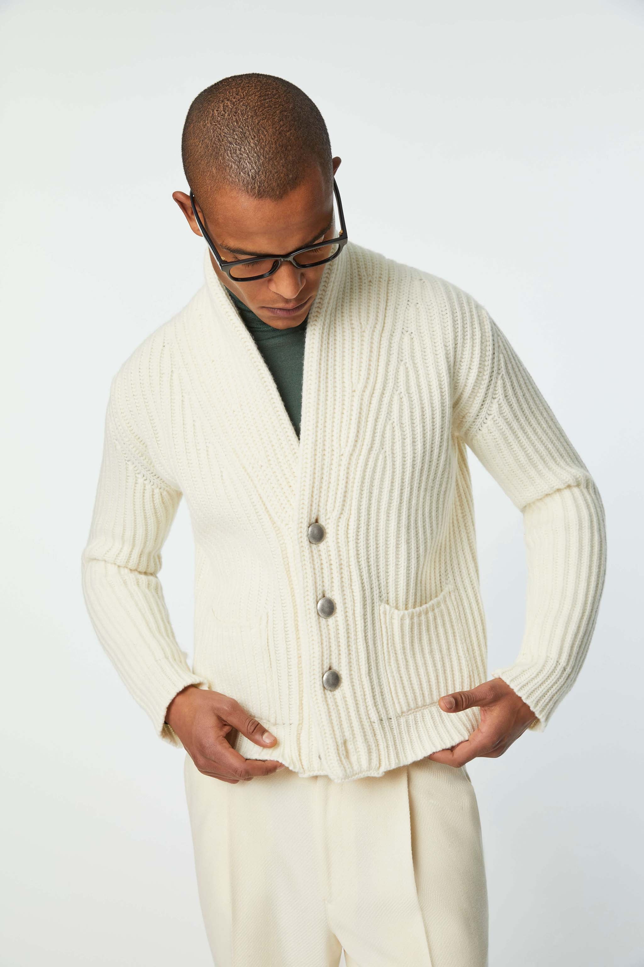 Cardigan in maglia a coste bianco avorio