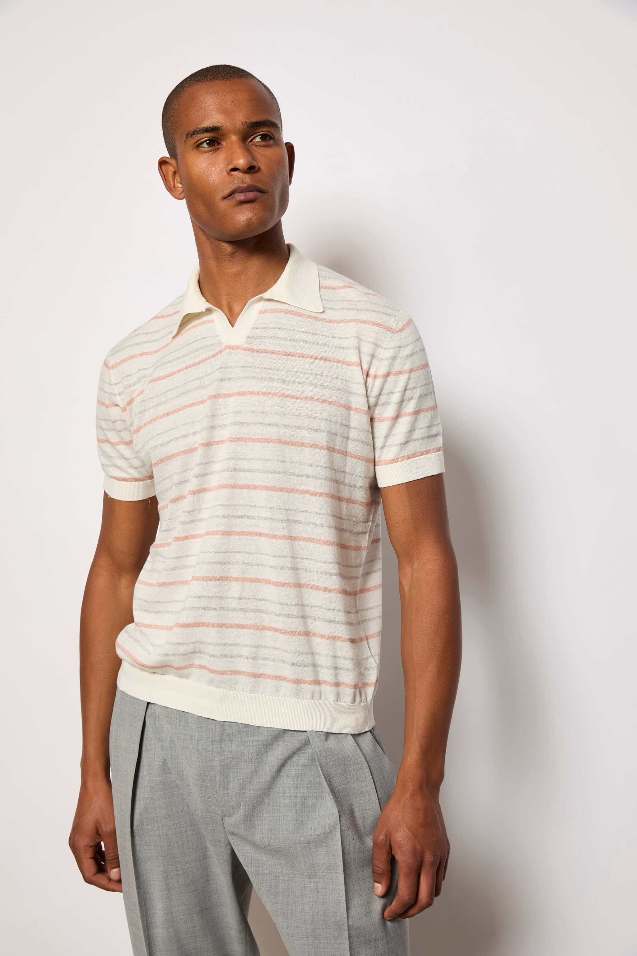 Linen and cotton striped short-sleeve polo shirt