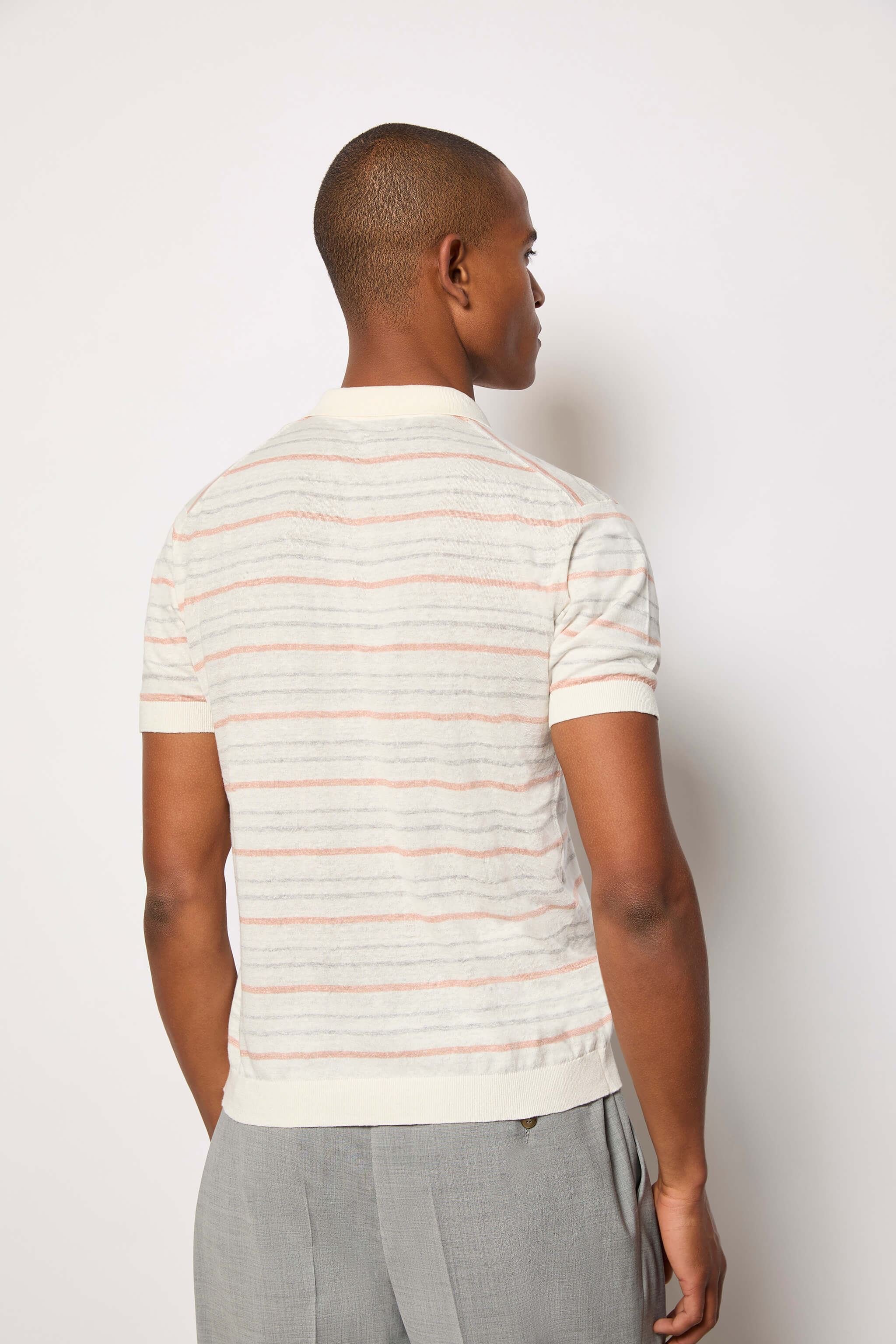 Linen and cotton striped short-sleeve polo shirt