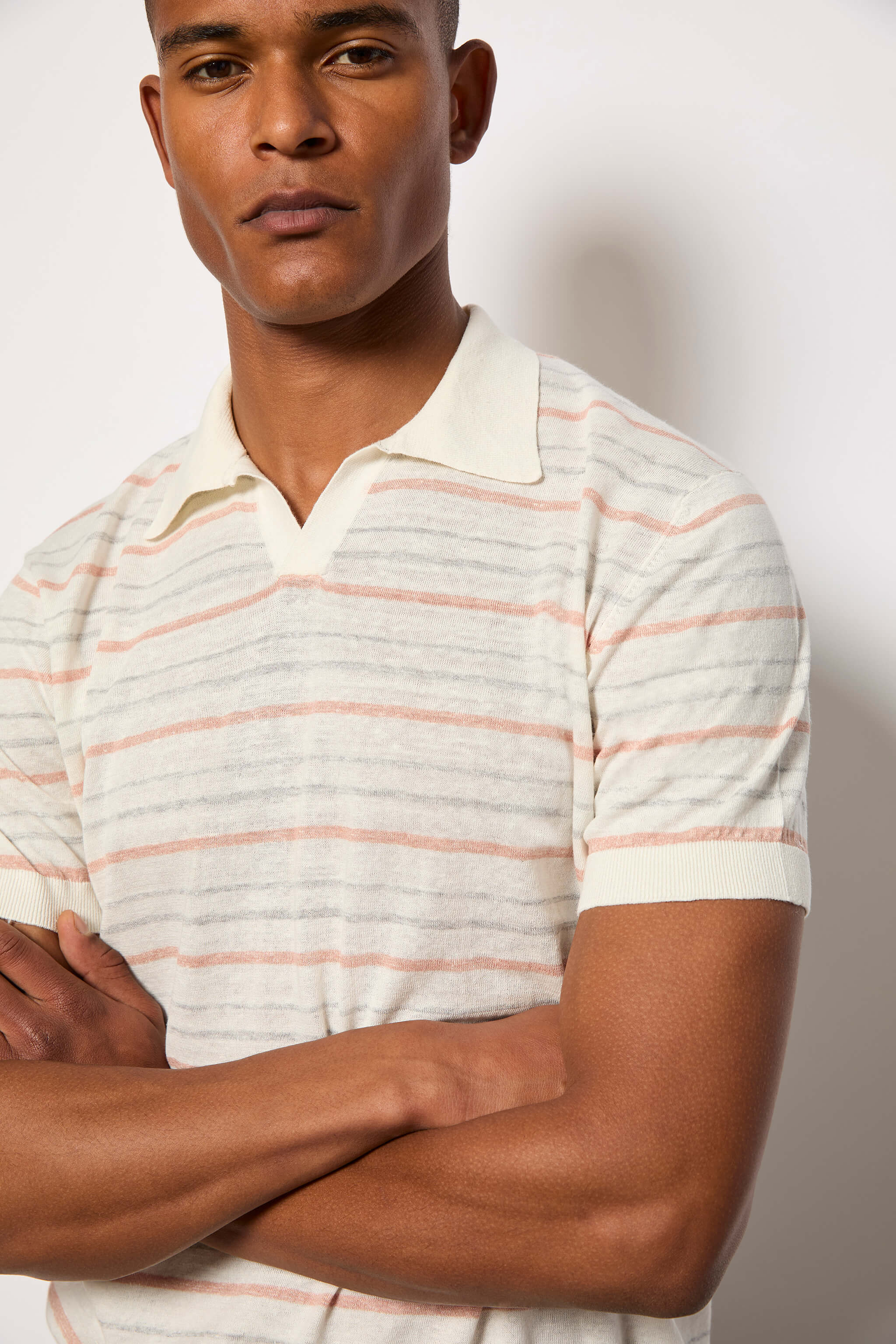 Linen and cotton striped short-sleeve polo shirt