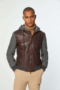 Leather bomber jacket with sweatshirt fabric inserts brown