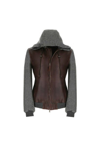 Leather bomber jacket with sweatshirt fabric inserts brown