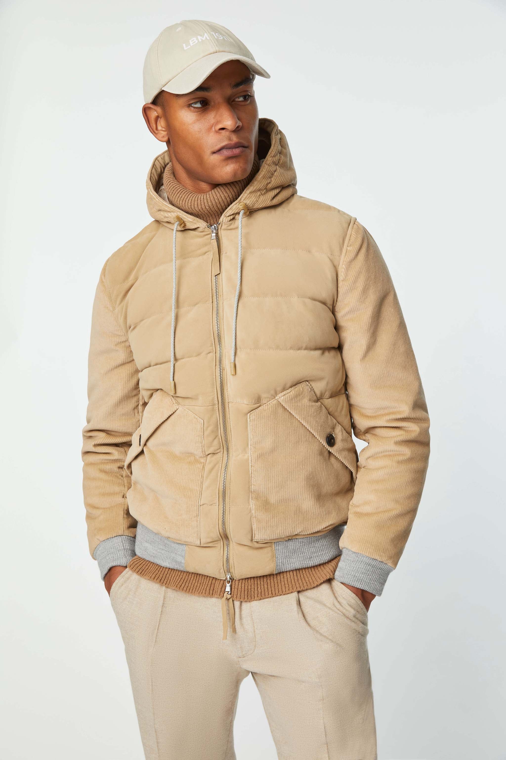 Hooded padded suede bomber jacket in hazelnut