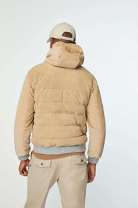 Hooded padded suede bomber jacket in hazelnut beige