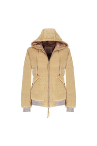 Hooded padded suede bomber jacket in hazelnut beige