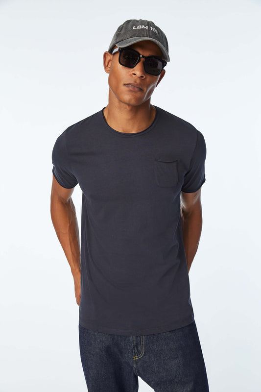 Blue cotton T-shirt with logo and pocket